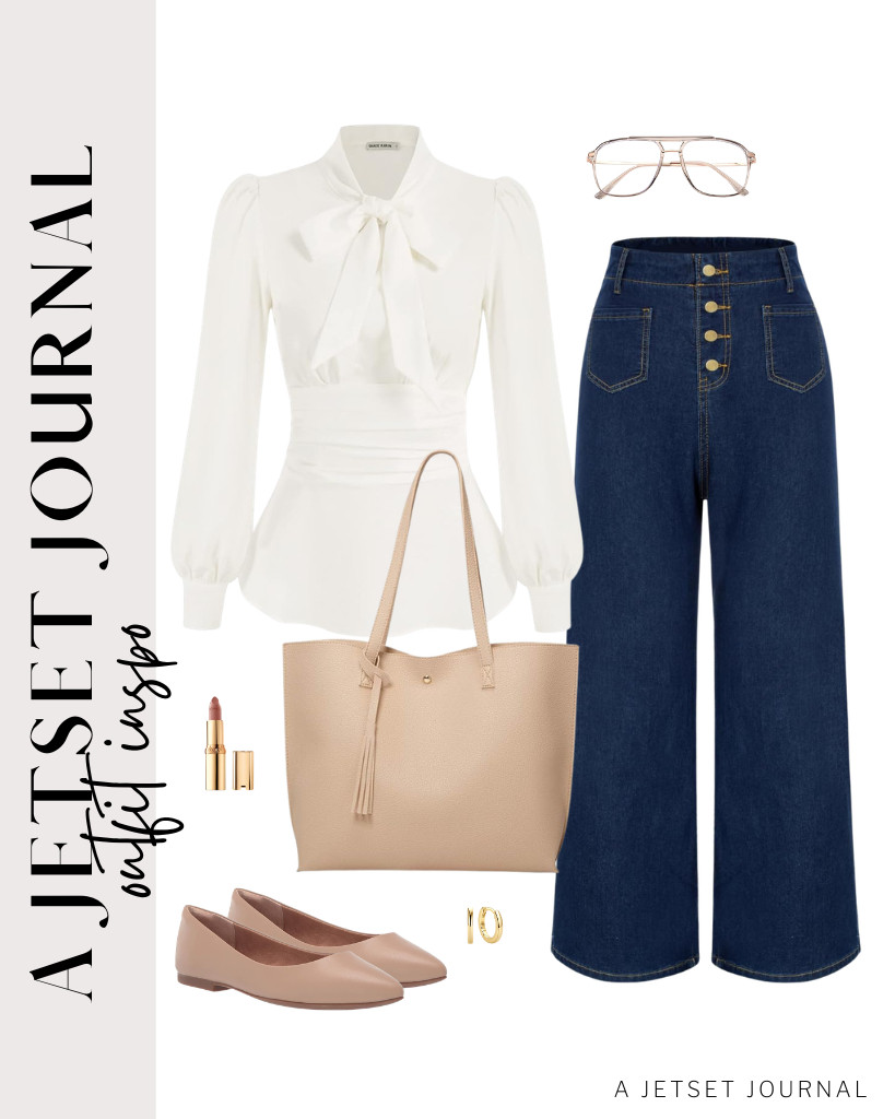 GRACE KARIN's white long-sleeve peplum top pairs perfectly with Belle Poque’s high-waist jeans. Wearing pointed-toe ballet flats will make it even more chic. You can also carry a soft faux-leather tote. 

 #LTKSeasonal #LTKSaleAlert #LTKTravel