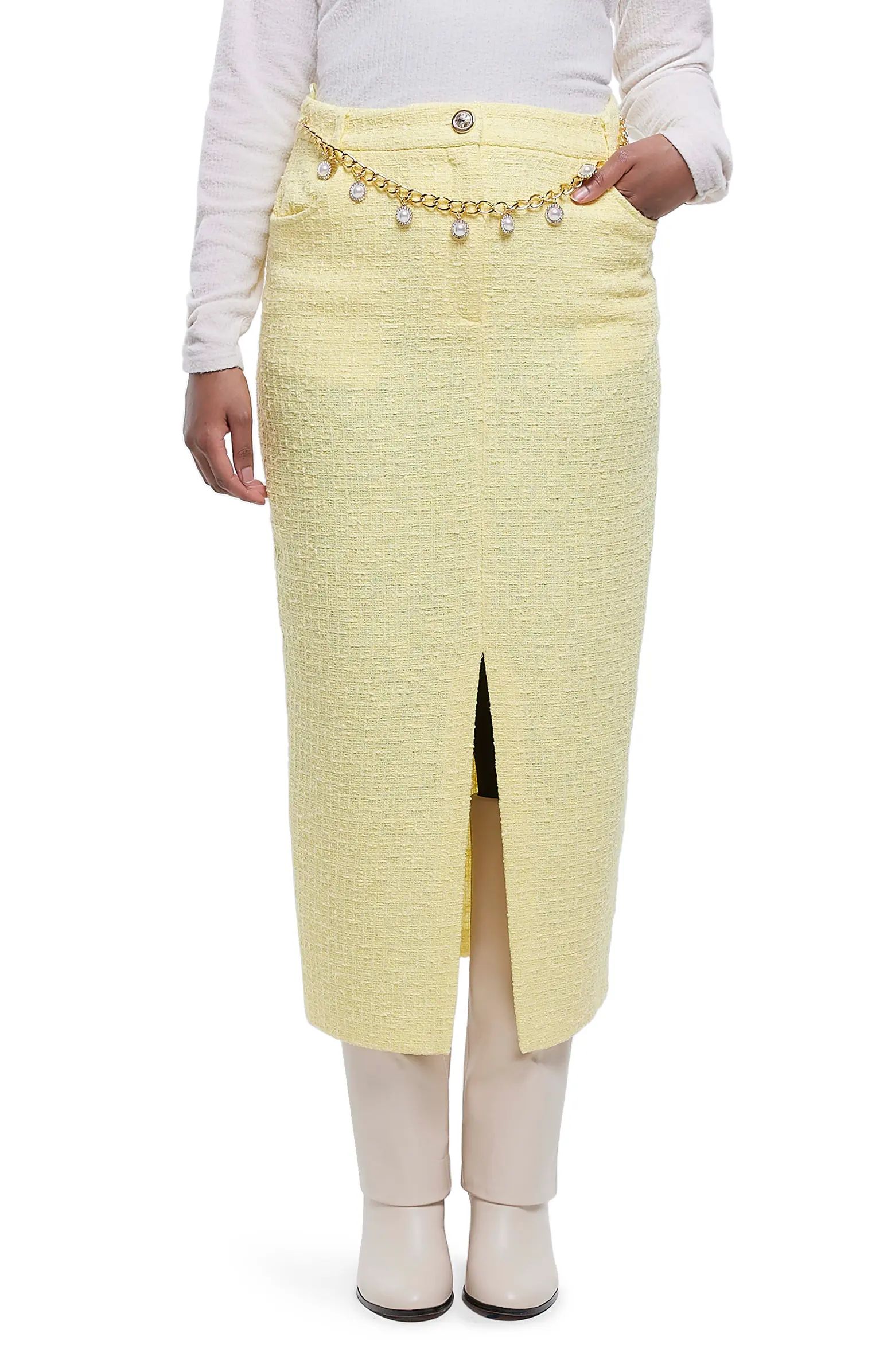 Imitation Pearl Belt Cotton Blend Bouclé Pencil Skirt | Nordstrom