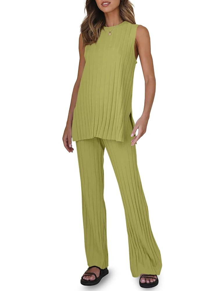 Tankaneo Two Pieces Outfits Sleeveless Top Knit Sets Trendy Lounge Long Pajamas Set | Amazon (US)