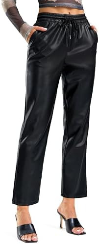 SANTINY Faux Leather Pants High Waisted Straight Leg Cropped Ankle Trousers Pleather Pants | Amazon (US)