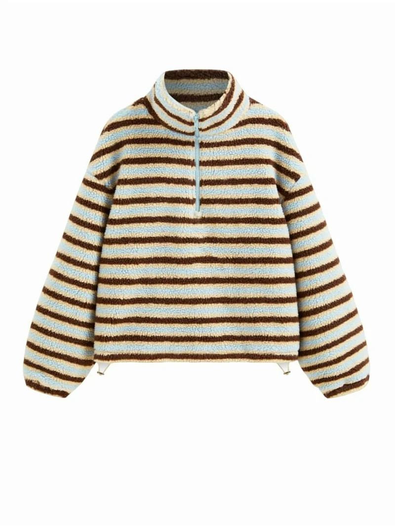 Womens Half Zip Fleece Striped Jacket Oversized Stand-Up Collar Sweatshirt Warm-Fuzzy Outerwear B... | Walmart (US)