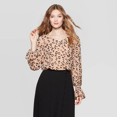 Women's Leopard Print Long Bell Sleeve V-Neck Blouse - A New Day™ Tan | Target