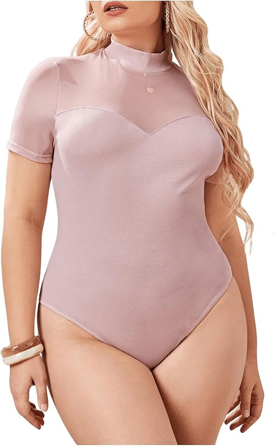Milumia Women's Plus Size Cut Out Sheer Mesh Bodysuit Short Sleeve Mock Neck Fitted Going Out Top | Amazon (US)