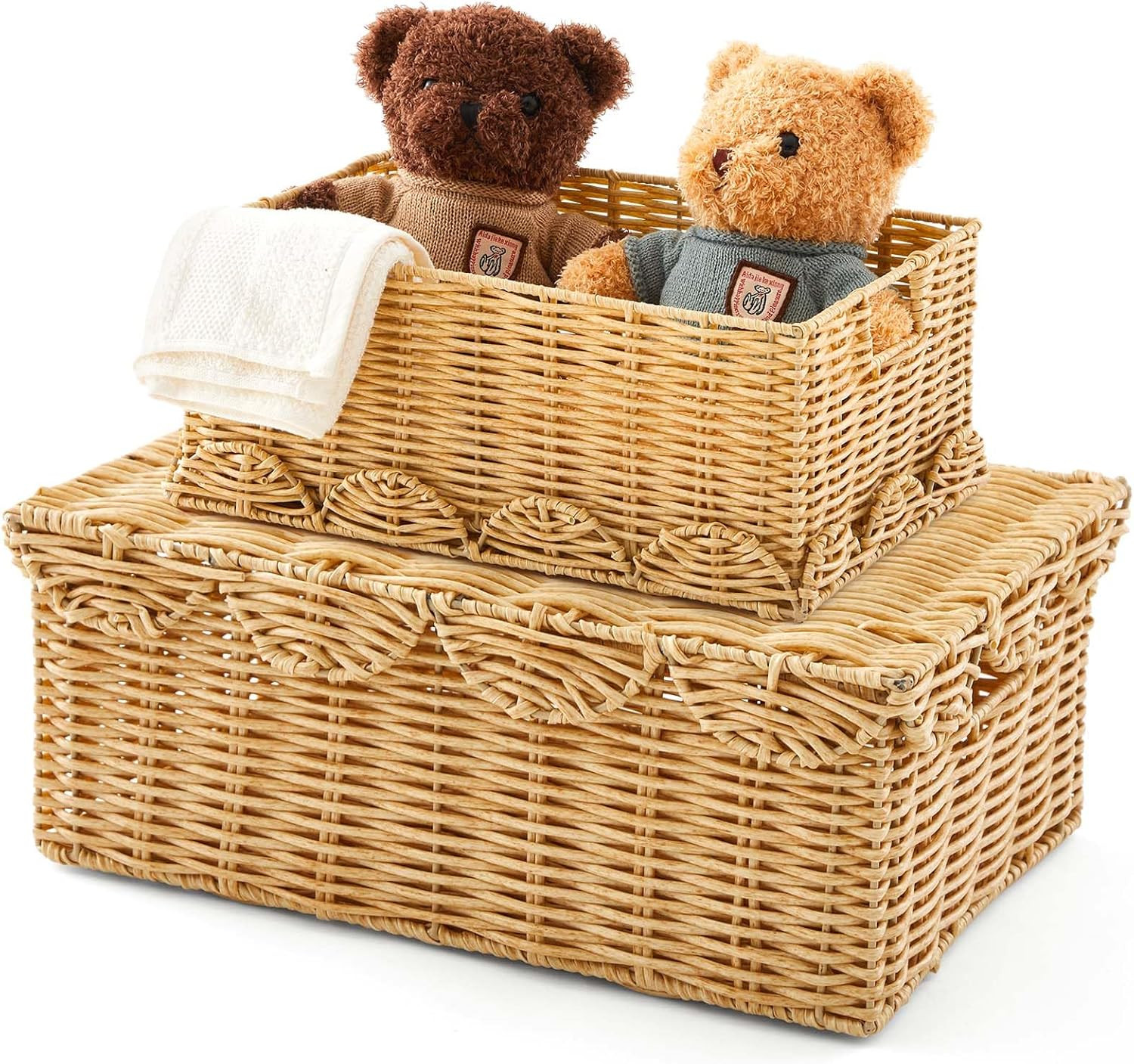 Sintuff 2 Pcs Scalloped Wicker Woven Rectangle Basket with Lid Rattan Basket with Built-in Handle... | Amazon (US)