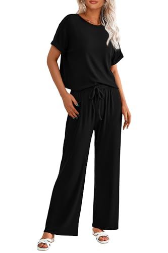 PRETTYGARDEN Women's Summer 2 Piece Knit Loungewear Short Sleeve T Shirts Wide Leg Pants Tracksui... | Amazon (US)