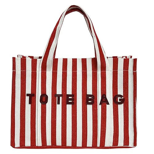 YESFIXS Striped Tote Bag for Women Canvas Beach Bag Summer Travel Handbag Large Capacity Retro Letter Print Shoulder Bag | Amazon (US)