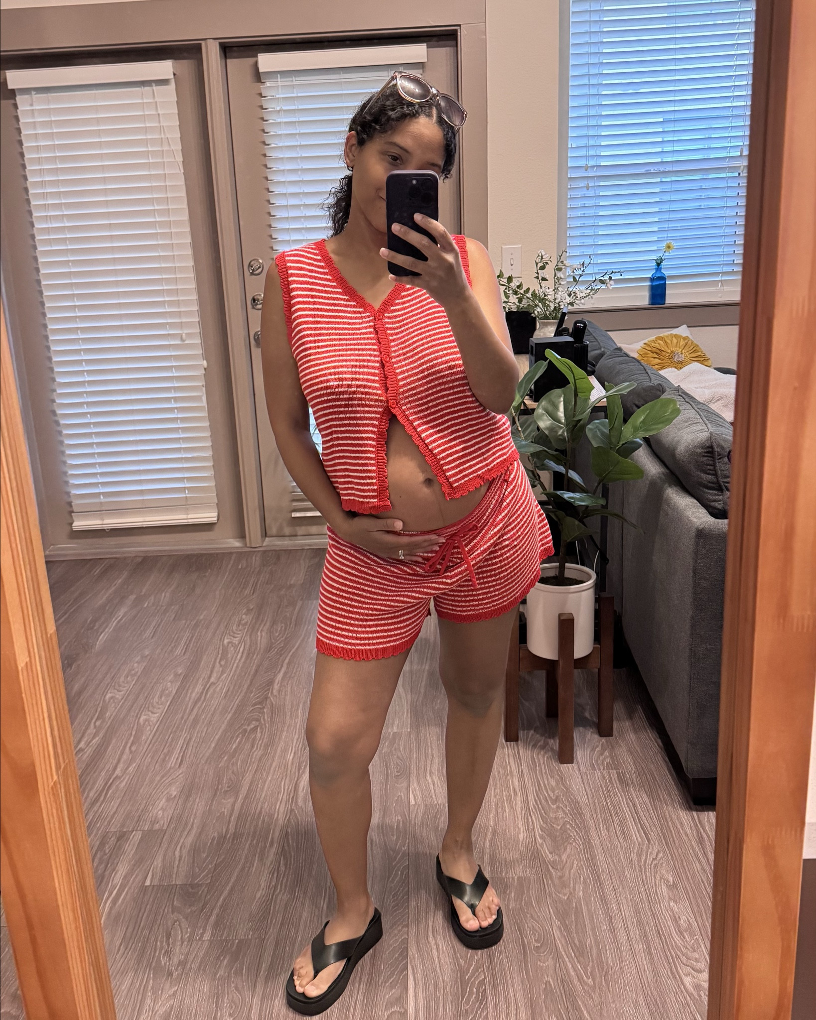 Casual summer outfit 
Bump friendly 🤰 summer outfit
Amazon red & white stripe matching shorts set wearing small both top & bottom 
Fourth of July outfit 
Platform flip flops 

#LTKSeasonal #LTKBump #LTKootd