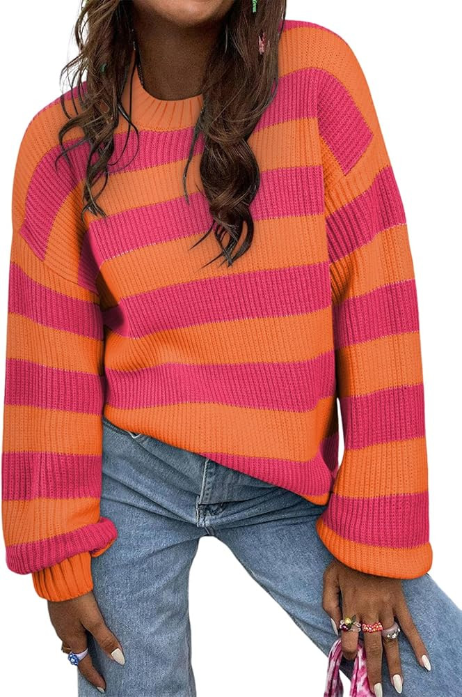 SHEWIN Womens Sweaters 2024 Casual Long Sleeve Crewneck Color Block Striped Knit Lightweight Pull... | Amazon (US)