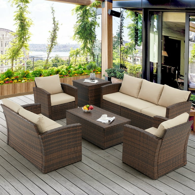 AECOJOY 7 Pieces Outdoor Furniture Set with Two Storage Boxes, Rattan Wicker Sectional Sofa Beige | Walmart (US)