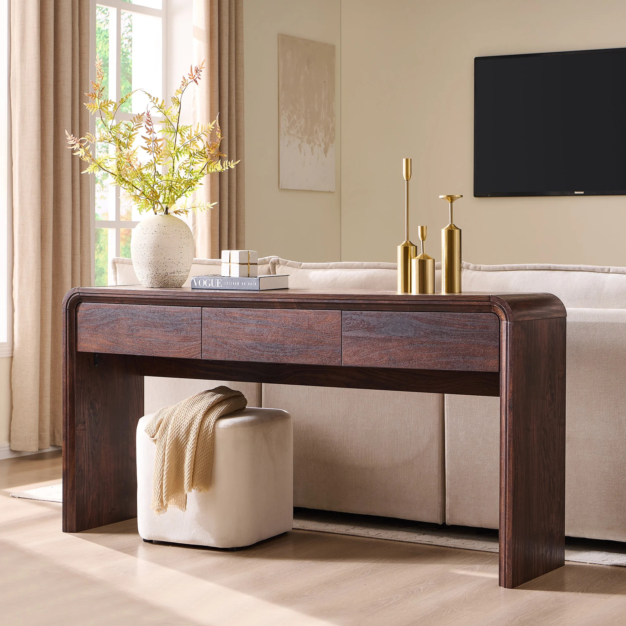 Aitjunz 63" W Modern Console Table with 3 Drawers, Narrow Wood Entryway Table with Storage & Curved Design, Long Sofa Table for Living Room, Foyer and Home Office, Brown | Walmart (US)