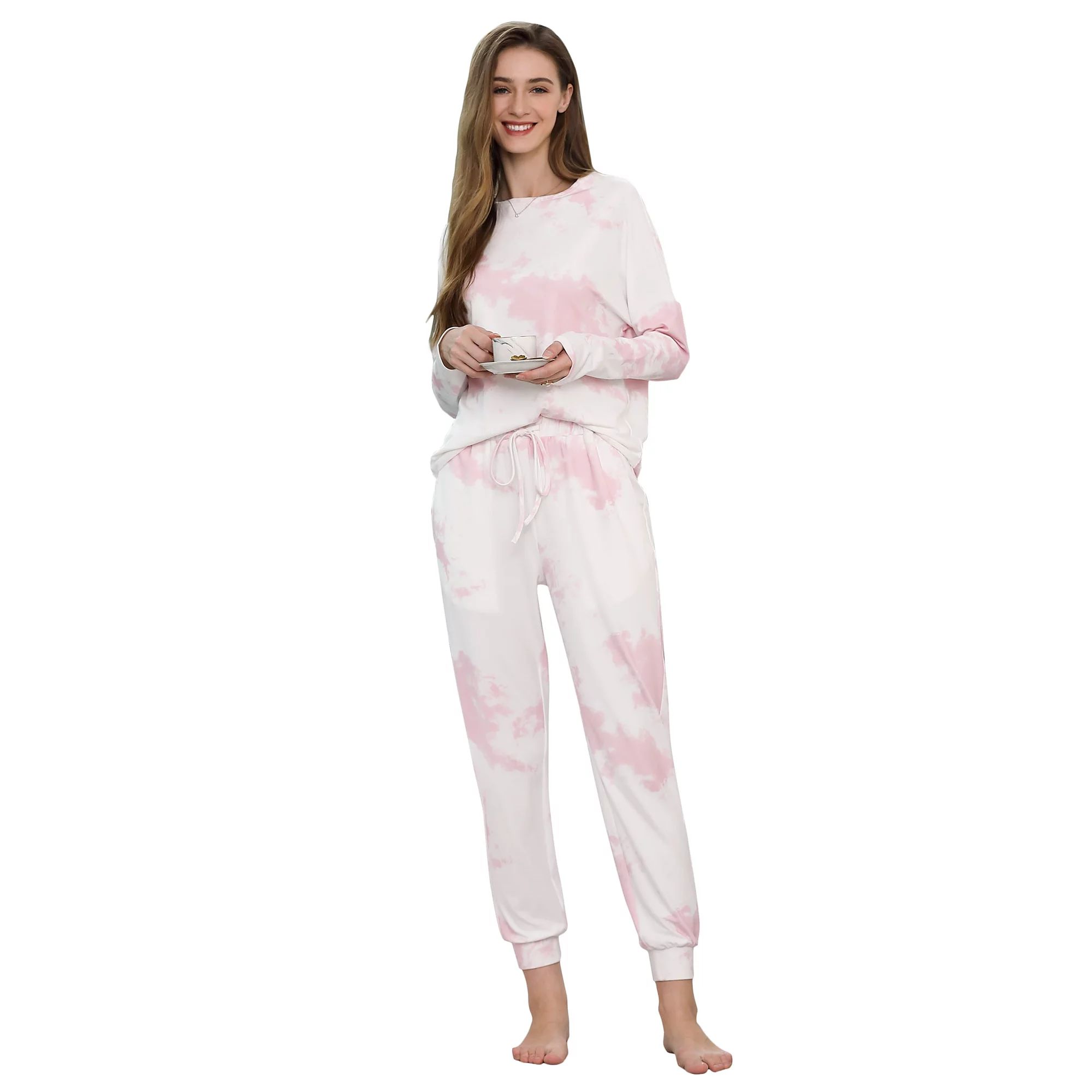Ever-Pretty Women's Tie Dye Pajamas Set Long Sleeves Jogger PJ Sets Two Pieces Round Neck Loungew... | Walmart (US)