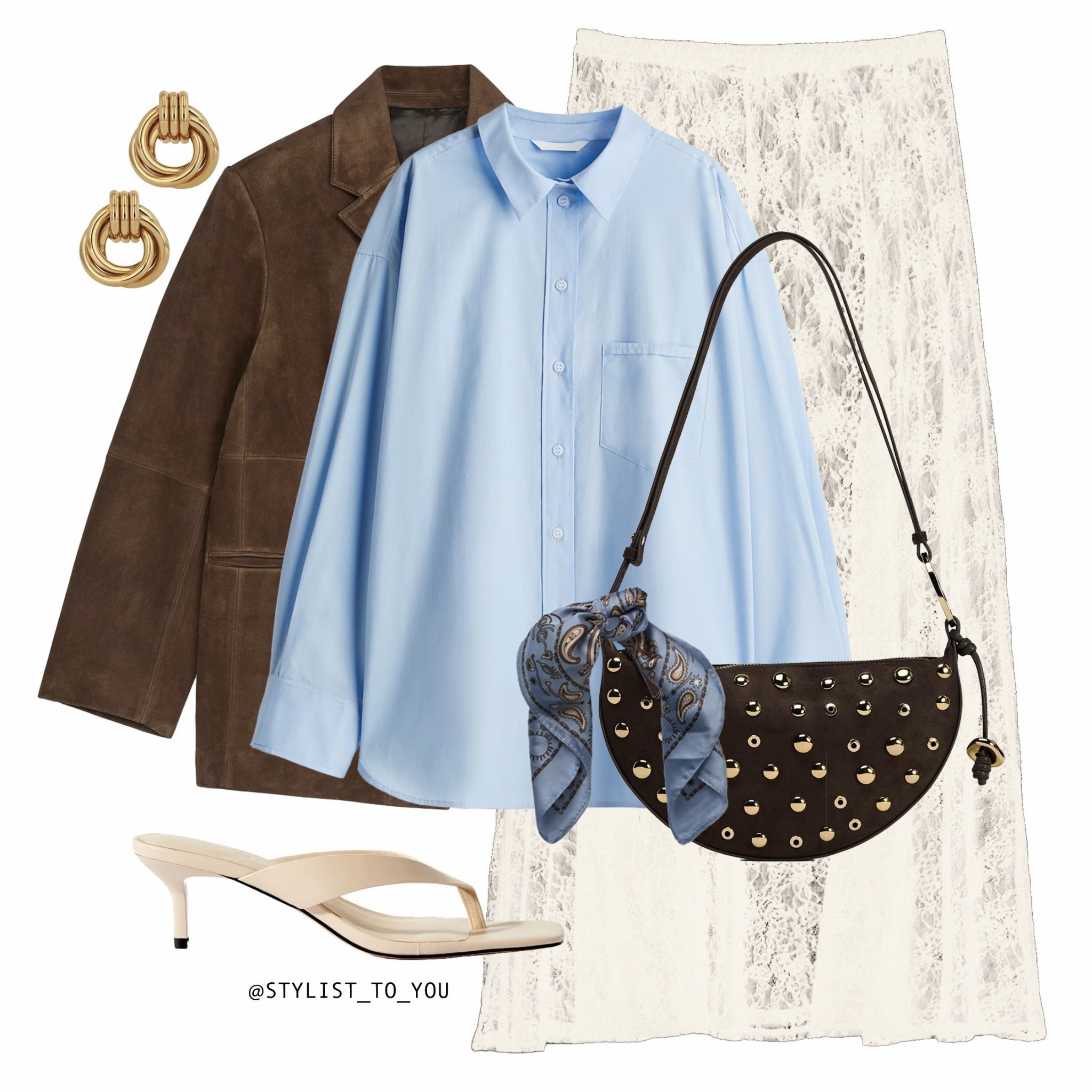 How to style a lace skirt for spring 🩵

A feminine and sophisticated outfit blending textures and elegance, featuring a suede brown blazer, a crisp light blue oversized button-up shirt, and a delicate off white cream lace maxi long column skirt. Accessories include gold statement knot earrings, a chocolate brown studded shoulder bag with a paisley printed scarf tied on, and chic beige kitten heel flip flop toe thong sandal shoe mule for a refined yet edgy touch. classy look, chic style, feminine fashion, ootd fashion, sophisticated style, modern chic, lace fashion, streetstyle inspo, neutral style, blue shirt, fashion icon, trendy fashion, stylish outfit, elevated style, Parisian fashion, street wear looks, minimalist style, luxury fashion, chic and stylish, everyday style, modern fashionista, wardrobe essentials, edgy fashion, effortless chic, womenswear, lace skirt, fashiongram, elegance, daily outfit inspo, western style, classy outfit, styling ideas, outfit inspo, high fashion, trendy looks, ss25 fashion trend, polished style, modern wear, style inspiration, sophisticated outfit, modern classics

#LTKeurope #LTKuk #LTKspring