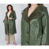 70S 80S Long Sage Green Leather Jacket - Large | Vintage Notched Plush Collar Button Up Trench Coat | Etsy (US)