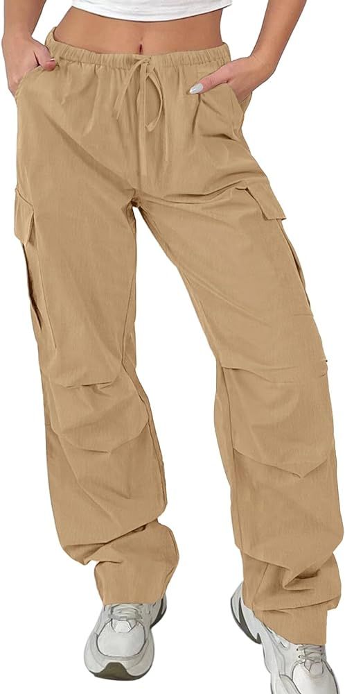 MEROKEETY Women's Parachute Cargo Pants Y2K Baggy Drawstring Elastic Waist Casual Trousers with P... | Amazon (US)