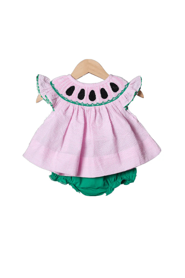 Smocked Watermelon Seersucker Bloomer Set | The Smocked Flamingo