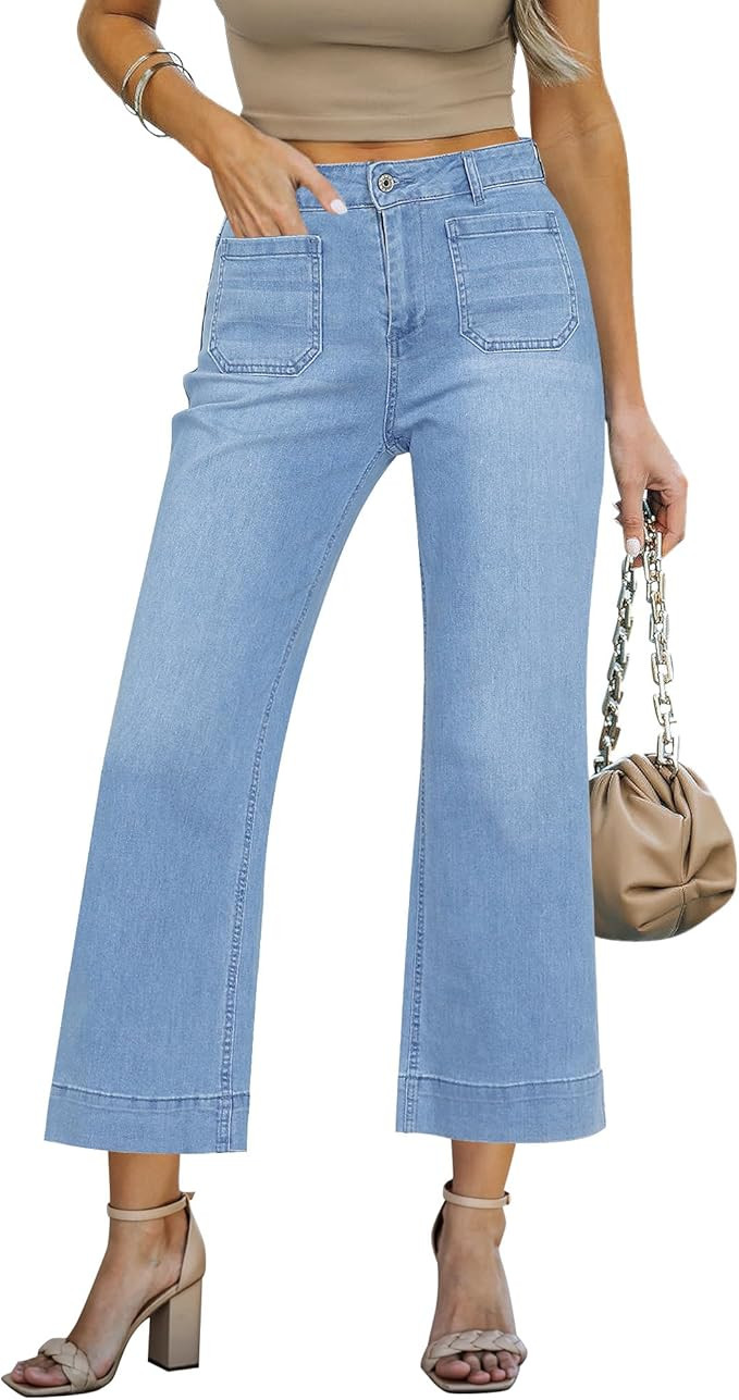 LookbookStore Wide Leg Cropped Jeans for Women High Waisted Stretchy Denim Jean Pants Baggy Flare... | Amazon (US)