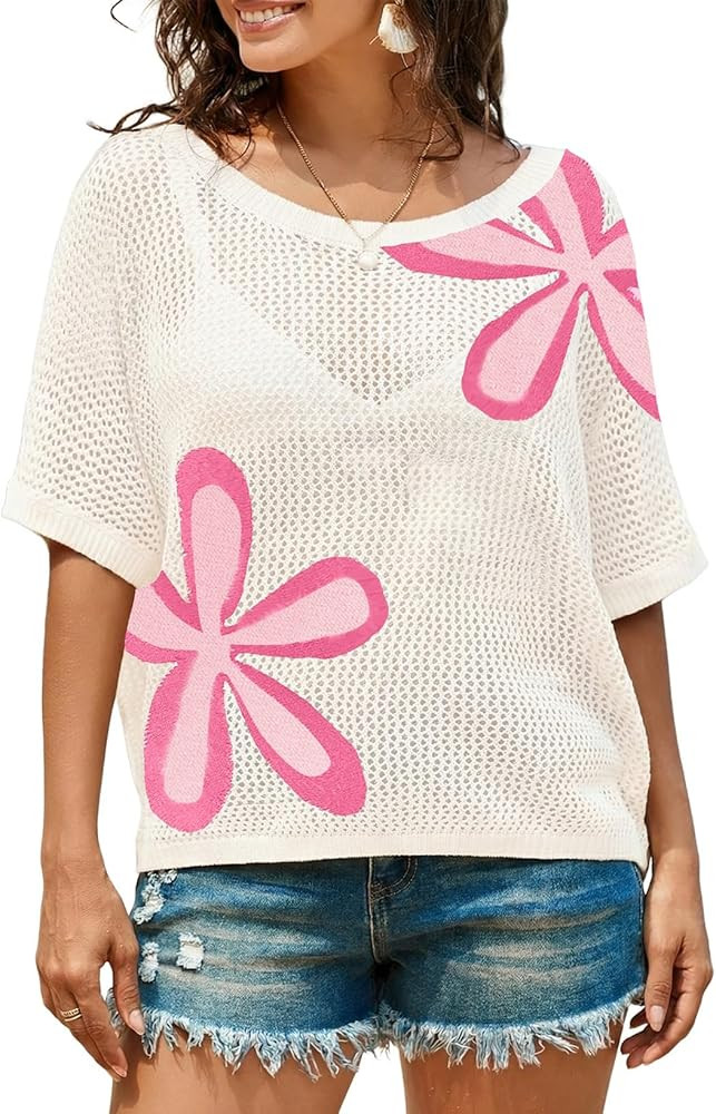 Dokotoo Womens Floral Fashion Summer Tops 2026 Short Sleeve Crochet Sweaters Swimsuit Cover Ups L... | Amazon (US)