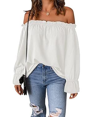 Women's Off Shoulder Top Ruffle Long Sleeve Chiffon Blouse Casual Loose Shirts | Amazon (US)