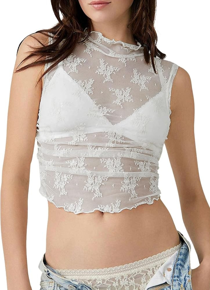 Womens Sheer Mesh Tank Tops Sleeveless Lace Shirt Y2k Sexy See Through Mock Neck Crop Top Ruched ... | Amazon (US)