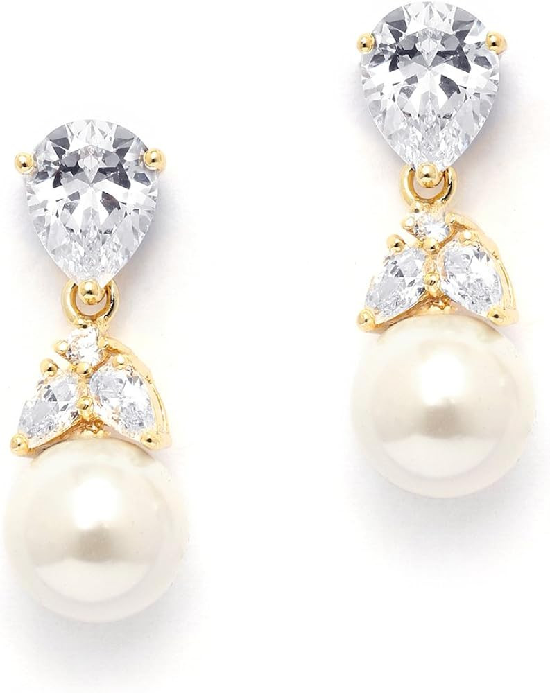 Mariell Pearl Drop Bridal Earrings with Cubic Zirconia Crystals and Ivory Pearls For Brides, Brid... | Amazon (US)