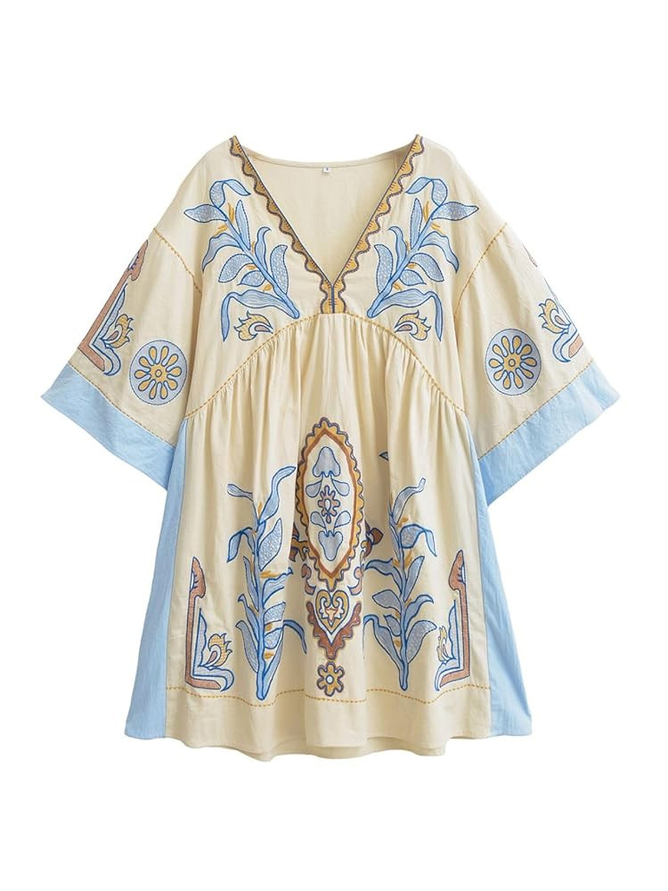 Womens Oversized Embroidered Dress with V-Neck and 3/4 Sleeves Vintage Embroidery Babydoll Dress | Amazon (US)