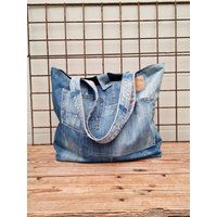 Large Denim Patchwork Tote Bag, Upcycled Jeans Bag | Etsy (US)