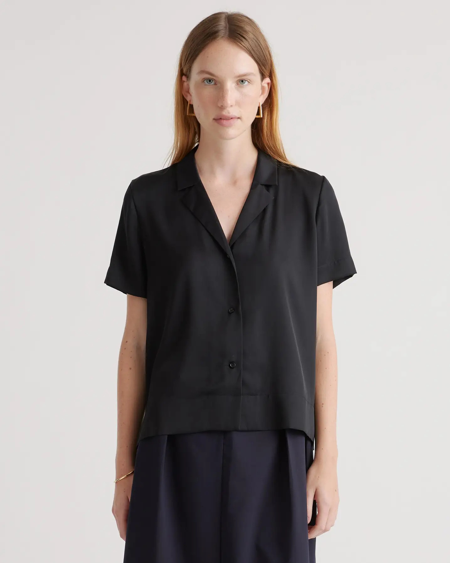 Washable Stretch Silk Short Sleeve Notch Collar Blouse in Black | Quince