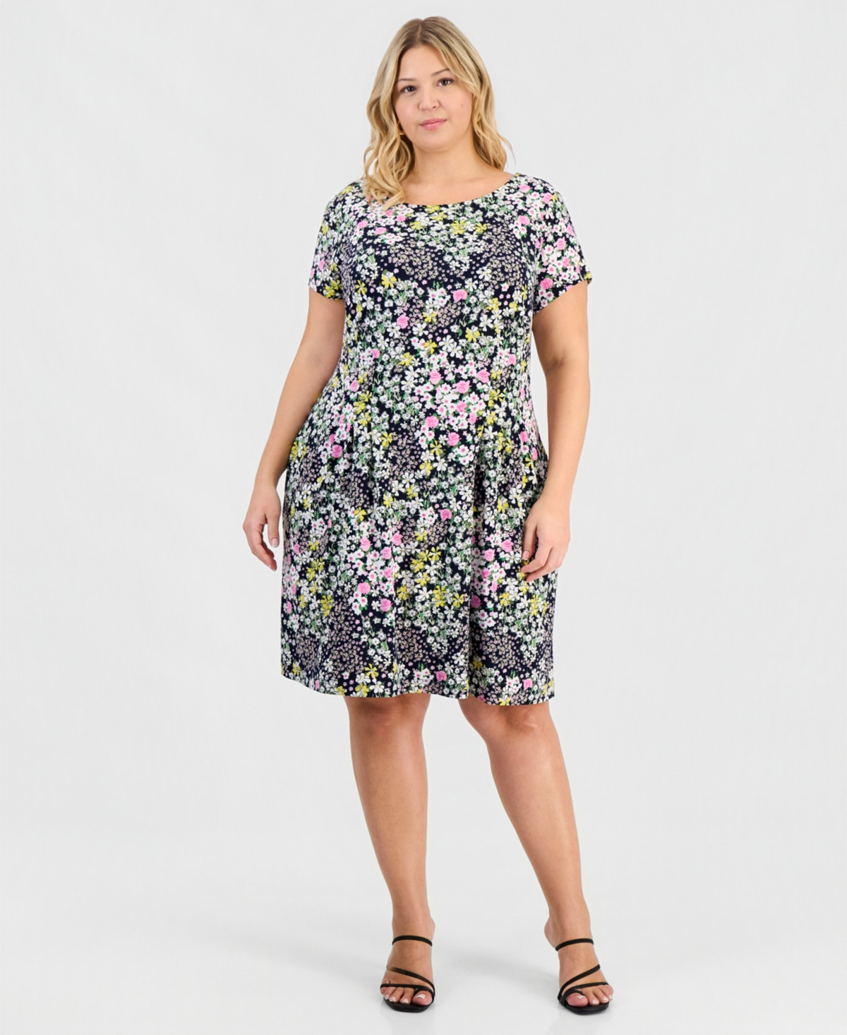 Connected Plus Size Printed Pintuck Short-Sleeve Dress - Nvy | Macy's