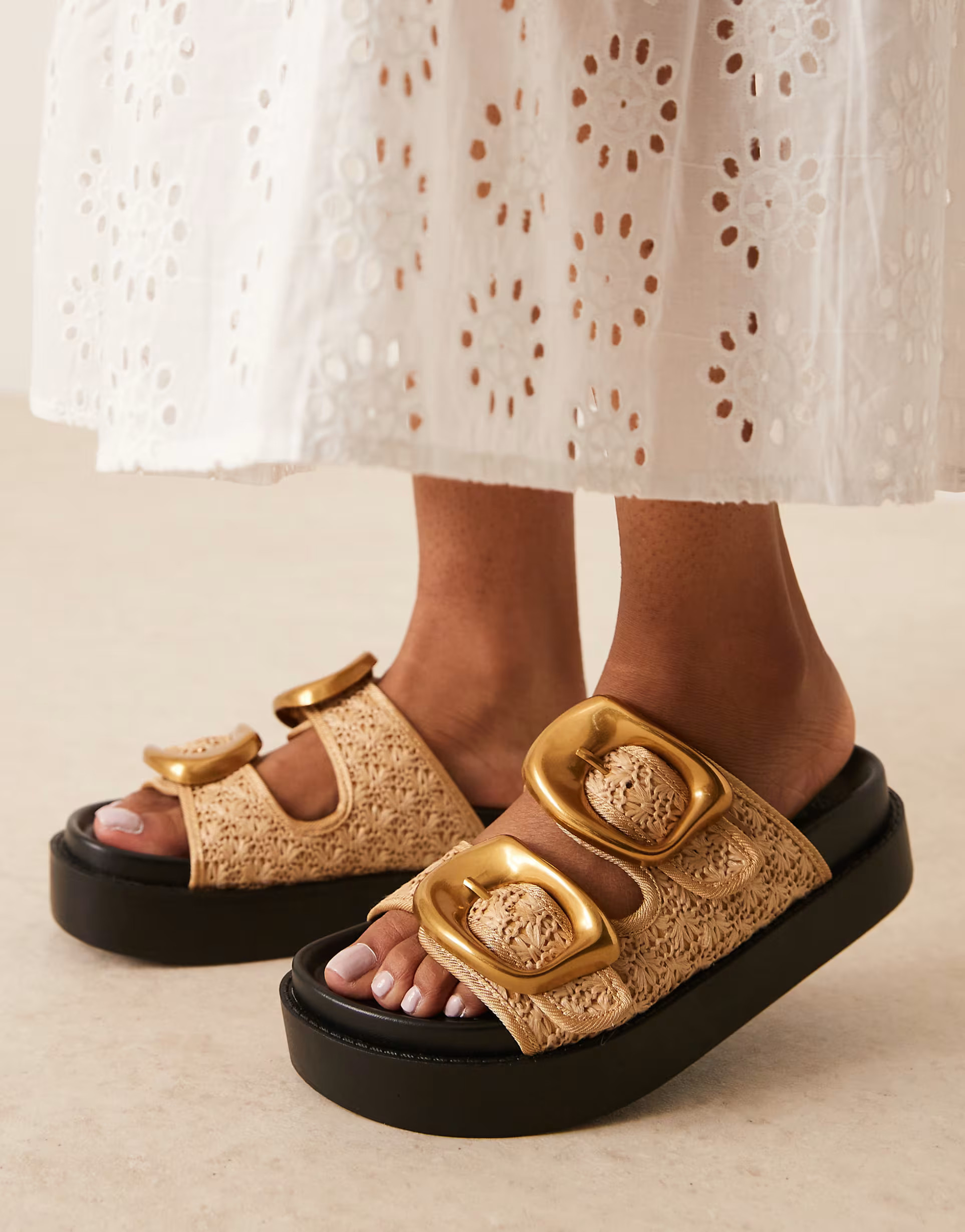 ASOS DESIGN Femi oversized buckle footbed mules in natural | ASOS (Global)