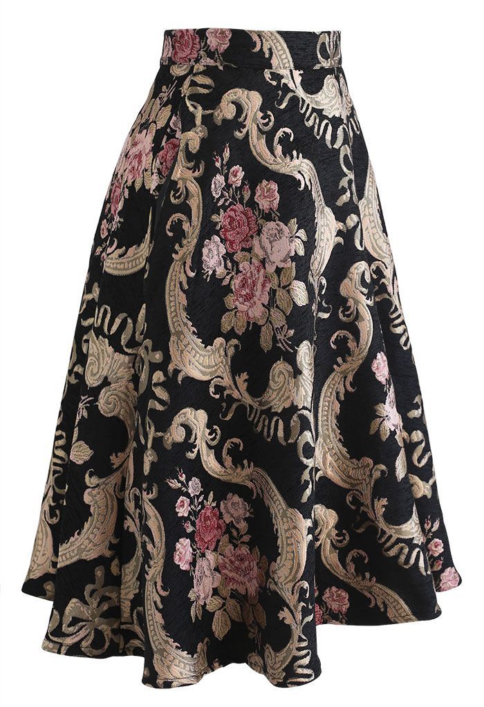 Baroque Peony Jacquard Midi Skirt | Chicwish