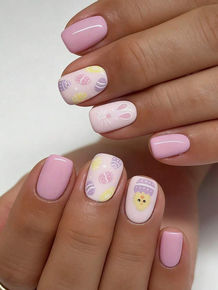 24pcs Short Square Nail Stickers, Cute Purple Easter Eggs, Pink Easter Eggs, Gentle Pink Bunny Ea... | SHEIN