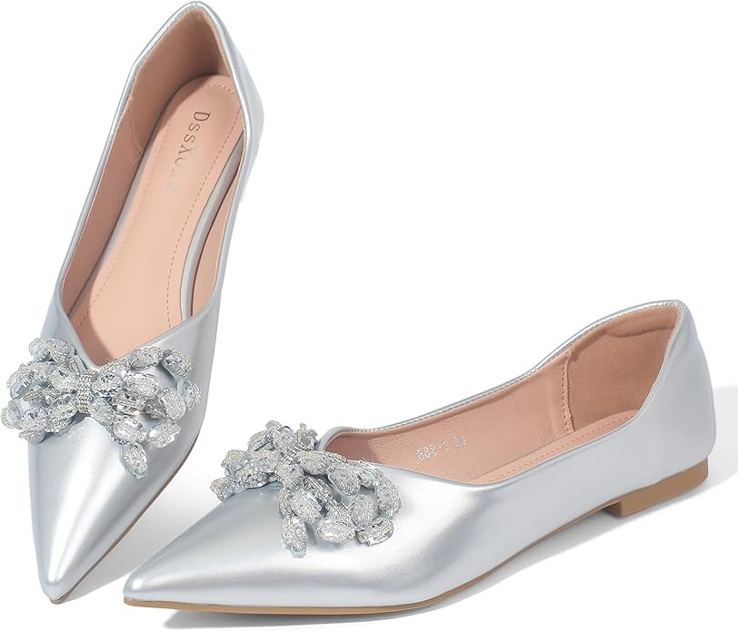 Flats for Women Comfortable Leather Pointed Toe Ballerina Shoes Rhinestone Bow Comfort Slip On Fl... | Amazon (US)
