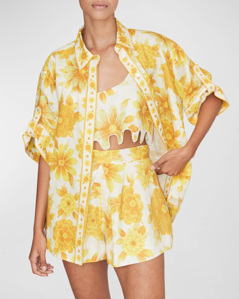 ALEMAIS Sonny Oversized Floral Linen Tab-Sleeve Shirt | Neiman Marcus