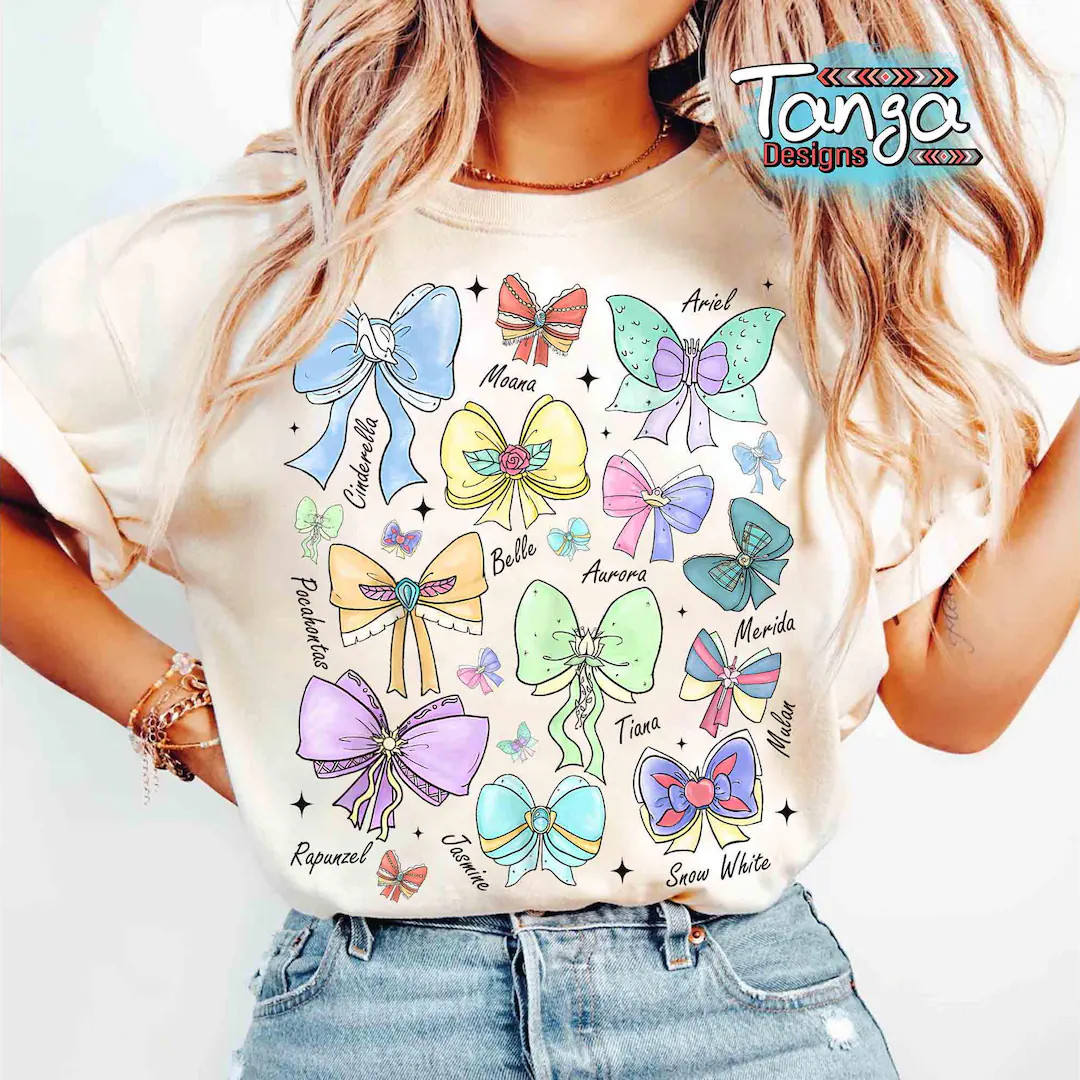 Coquette Bows Watercolor Disney Princess Shirt, Disney Aurora Ariel Belle Cinderella Tiana Shirt,... | Etsy (US)