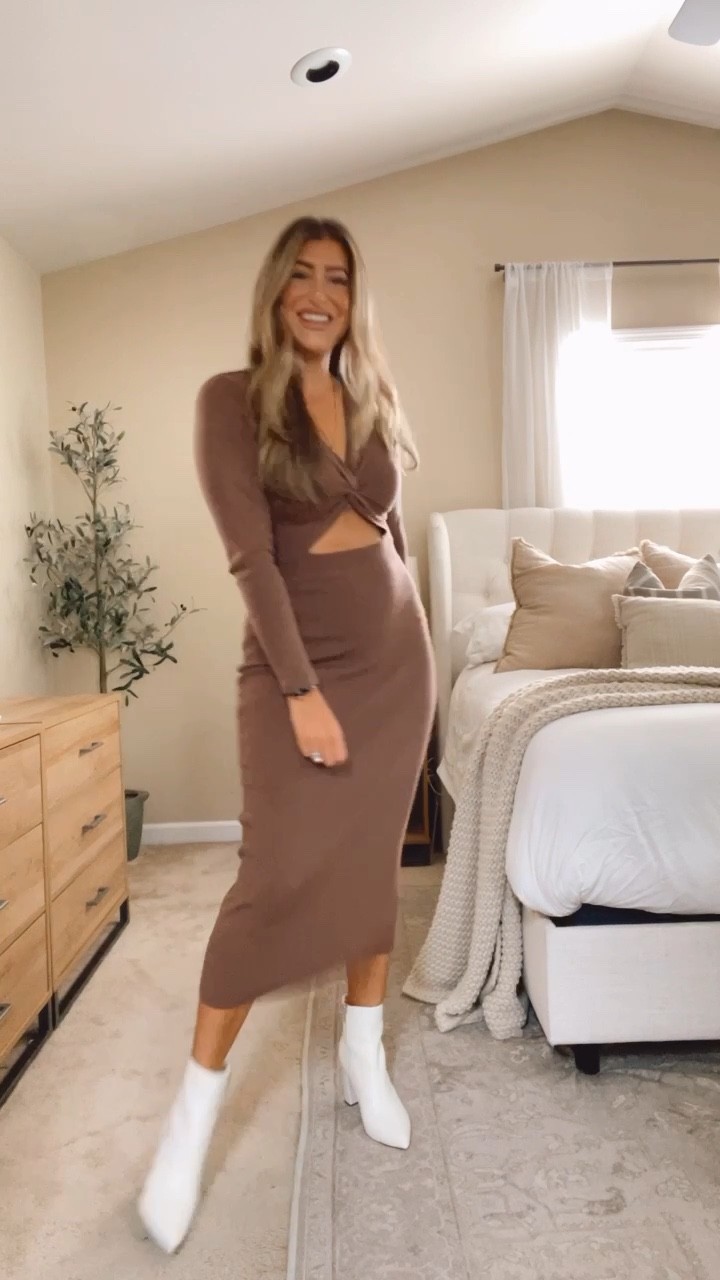 Long-sleeve cutout bodycon midi sweater dress with white boots.

#LTKunder50 #LTKsalealert #LTKSeasonal