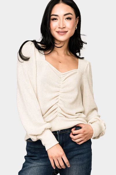 Long Sleeve V-Neck Cinch Front Knit Top | Gibson