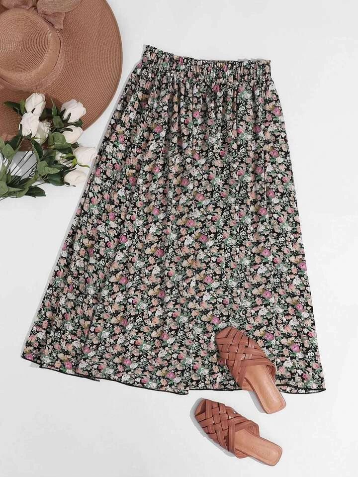 SHEIN VCAY Ditsy Floral High Waist Flared Skirt | SHEIN