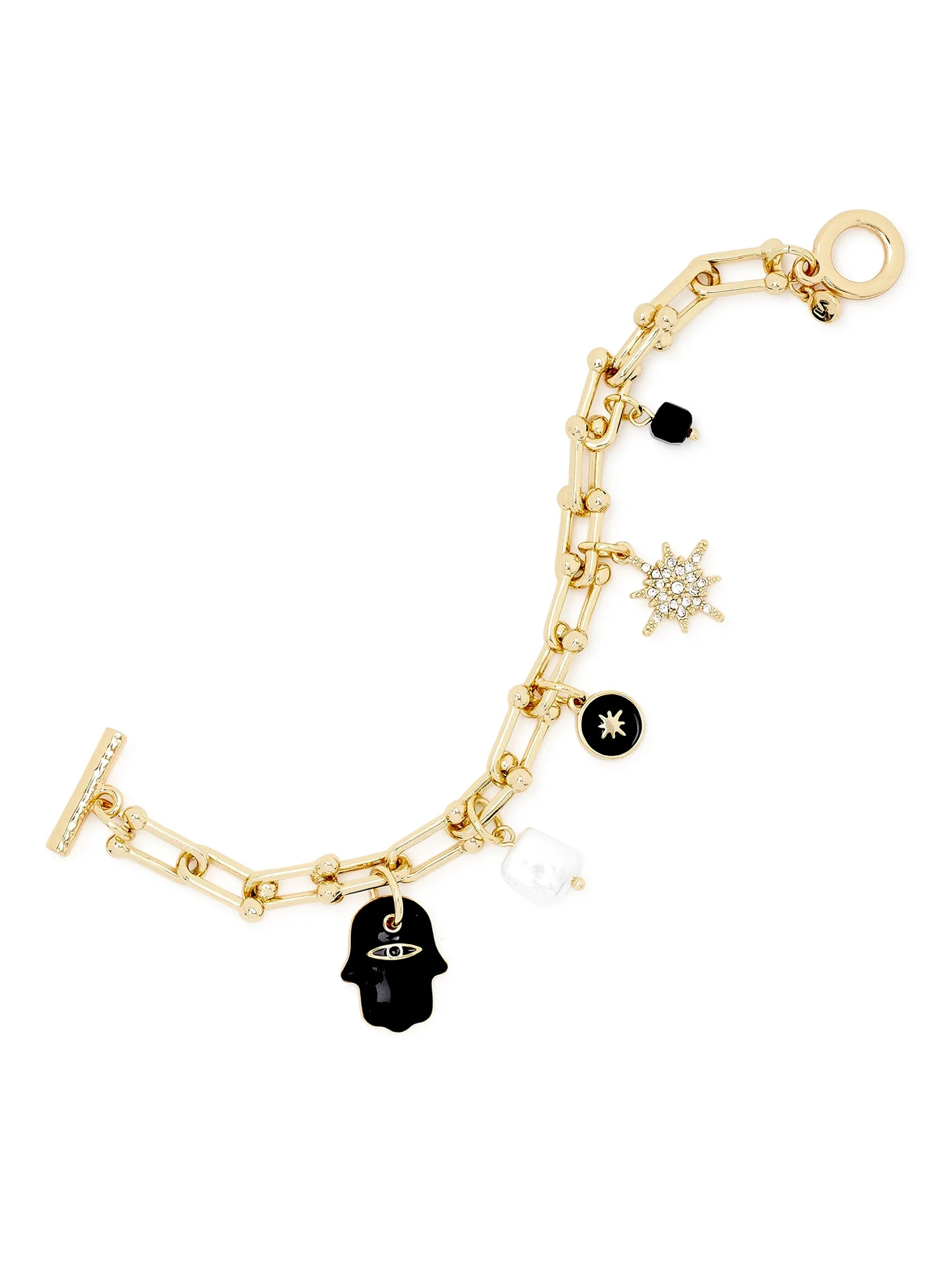 Scoop Womens Gold-Tone Hamsa, Pearl, Coin, Star Charm Toggle Bracelet | Walmart (US)
