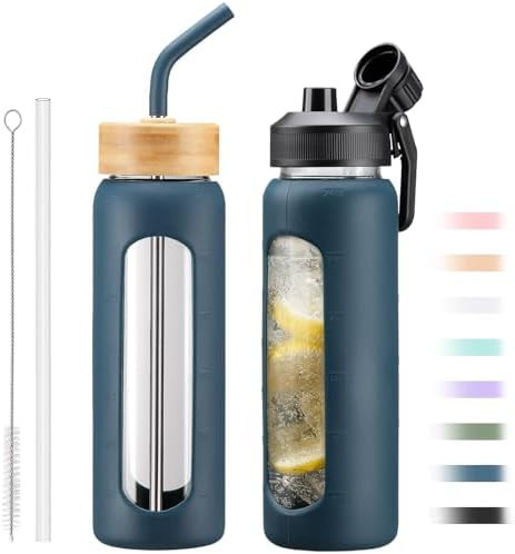 24oz Glass Water Bottle with Straw and 2 Lids-Bamboo and Spout Lid, Borosilicate Glass Water Bott... | Amazon (US)