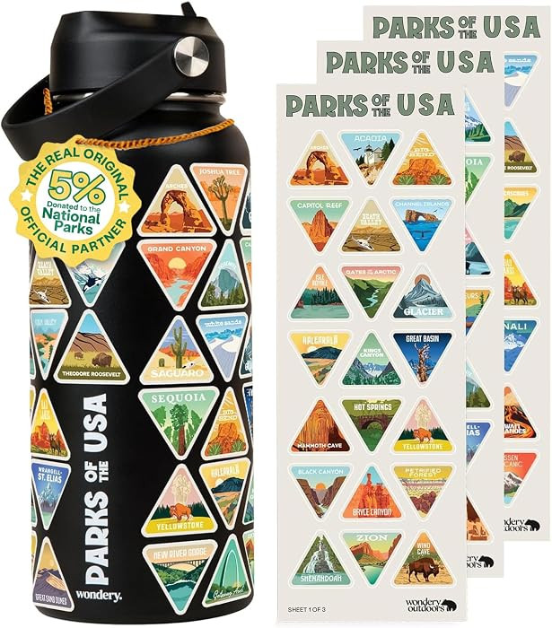 Wondery USA\u00ae National Parks Water Bottle With 63 Waterproof Stickers of Parks (USA), 32 oz S... | Amazon (US)