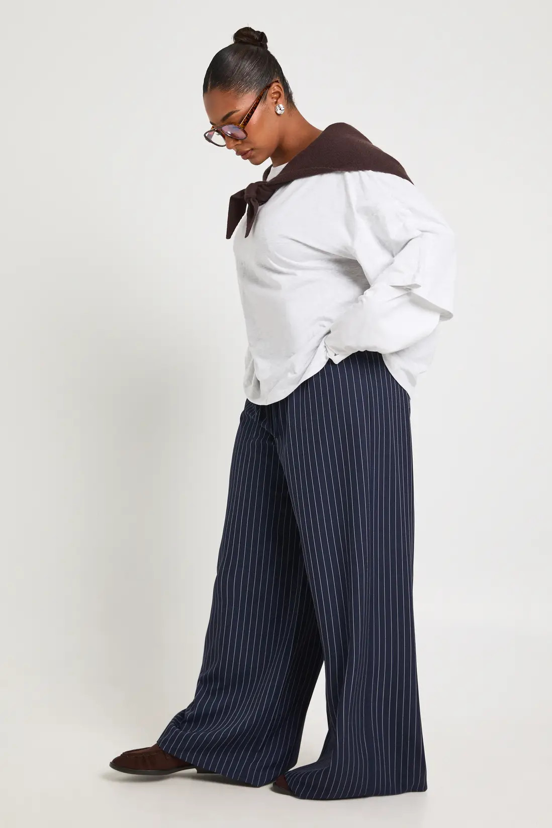 Plus Pinstripe Woven Elasticated Waist Drawstring Wide Leg Trouser | boohoo (US & Canada)