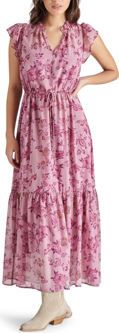 Osiris Floral Tiered Split Neck Tie Waist Maxi Dress | Nordstrom