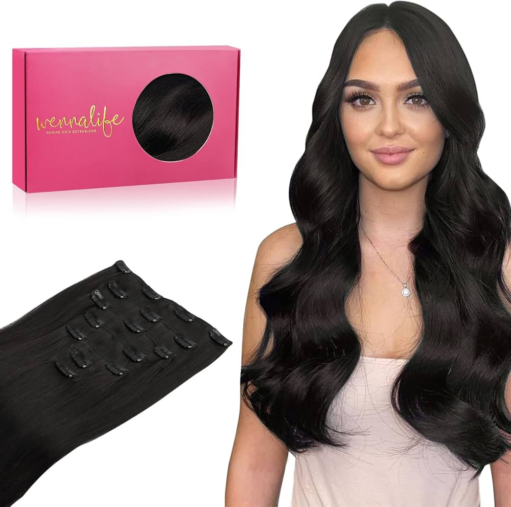 WENNALIFE Clip in Human Hair Extensions, 24 Inch 120g 7pcs Natural Black Hair Extensions Clip In ... | Amazon (US)