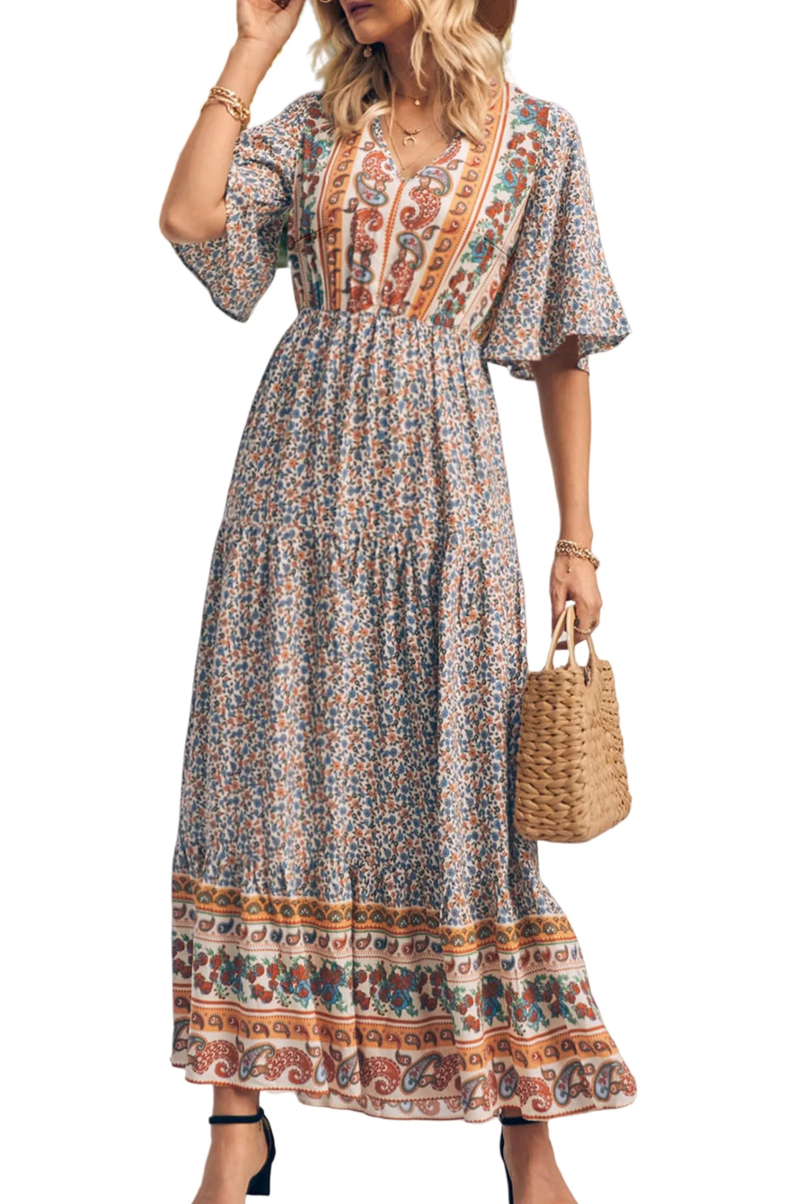 PRETTYGARDEN Women's Casual Summer Boho Floral Print Dress V Neck Short Sleeve High Waist Long Ma... | Walmart (US)