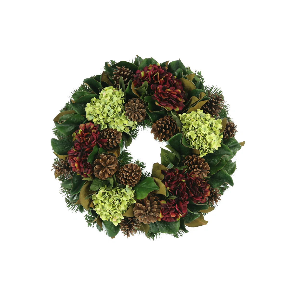 Joannette Green and Burgundy Hydrangeas, Pinecones and Magnolia on an Evergreen Wreath | Wayfair North America