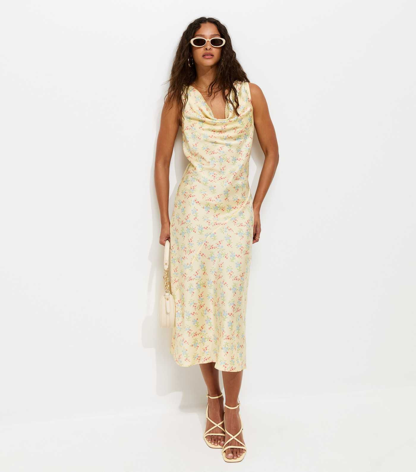 Yellow Satin Floral Cowl Neck Midi Dress | New Look | New Look (UK)