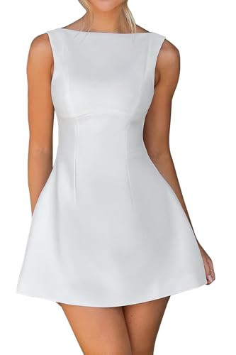 OWIN Women's Sleeveless Mini Dress A Line Bodycon Casual Boat Neck Club Party Cocktail Wedding Guest Dress White S | Amazon (US)