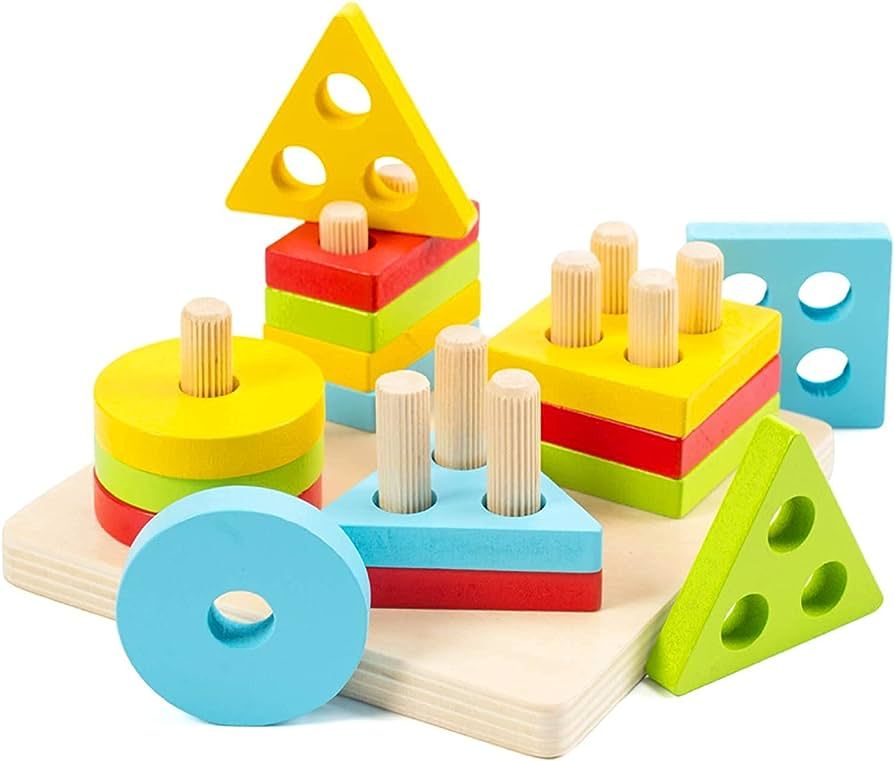 WOOD CITY Wooden Montessori Sorting & Stacking Toys for Toddlers 1 2 3 Year Old, Educational Shap... | Amazon (US)