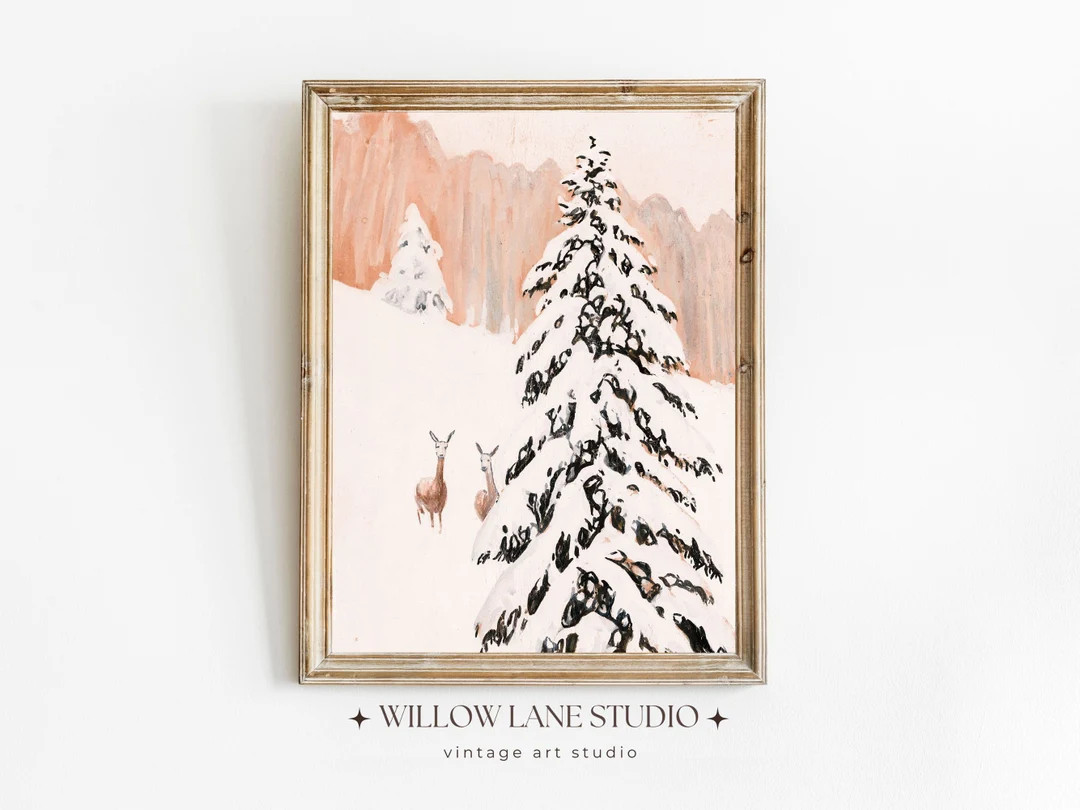 Vintage Deers in a Snowed Landscape Art Digital PRINTABLE Christmas Art Vintage Farmhouse Christm... | Etsy (US)