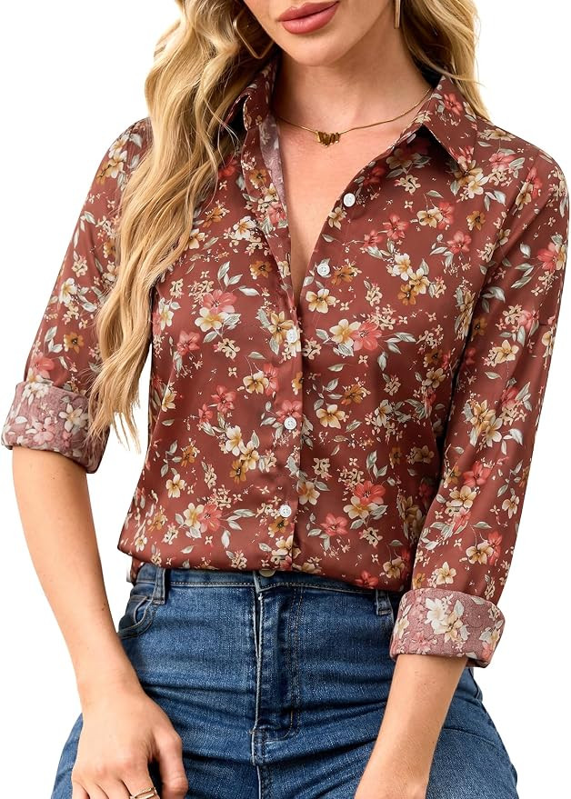 BBIBBI Wrinkle-Resistant Silky Women Printed Button Down Shirt Long Sleeve | Fitted Size XS-3XL, ... | Amazon (US)